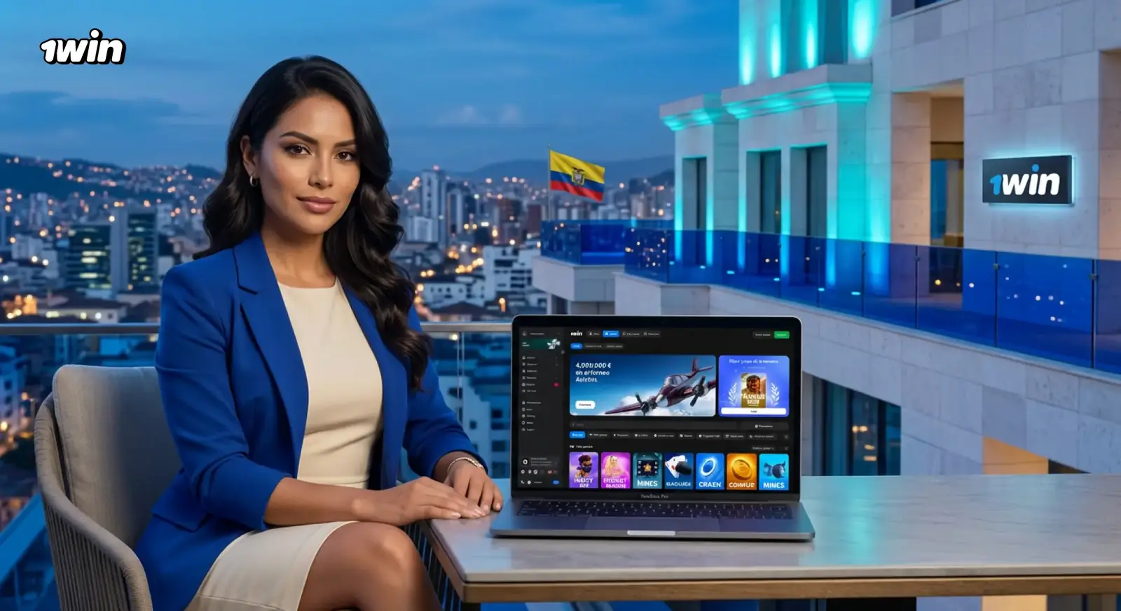Mujer en una terraza de noche con vista a la ciudad iluminada y su laptop con el casino de 1win abierto, junto a la bandera de Ecuador