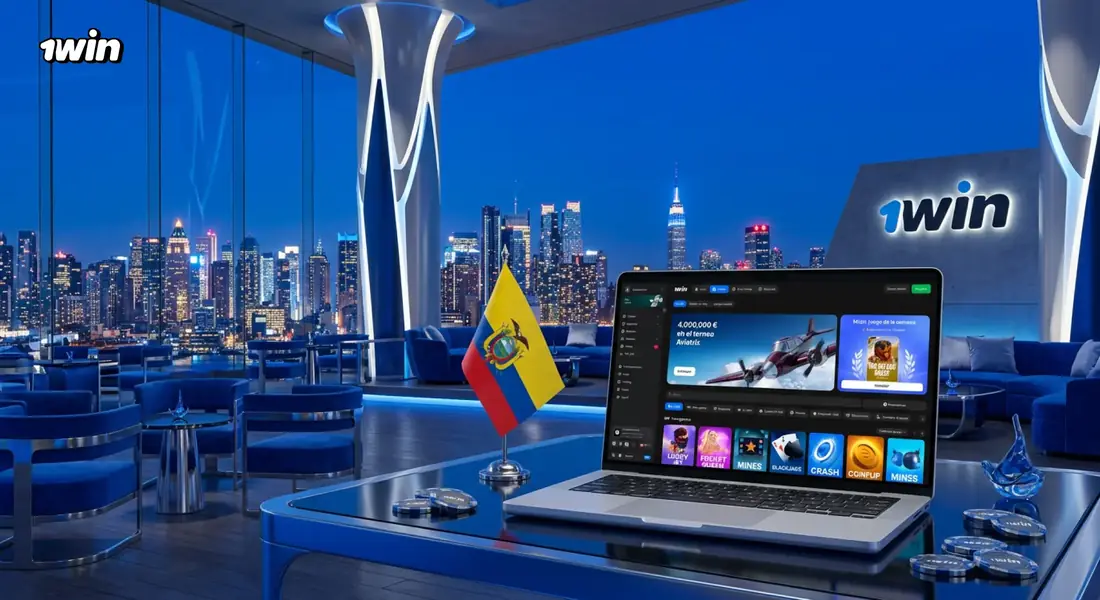 Laptop con 1win en un salón VIP azul de noche con fichas de casino y la bandera de Ecuador