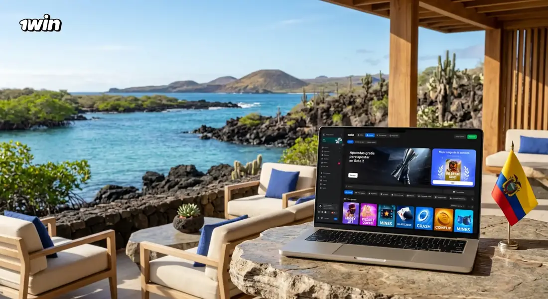 Laptop con 1win abierta en una terraza frente al mar de las islas Galápagos, junto a la bandera de Ecuador